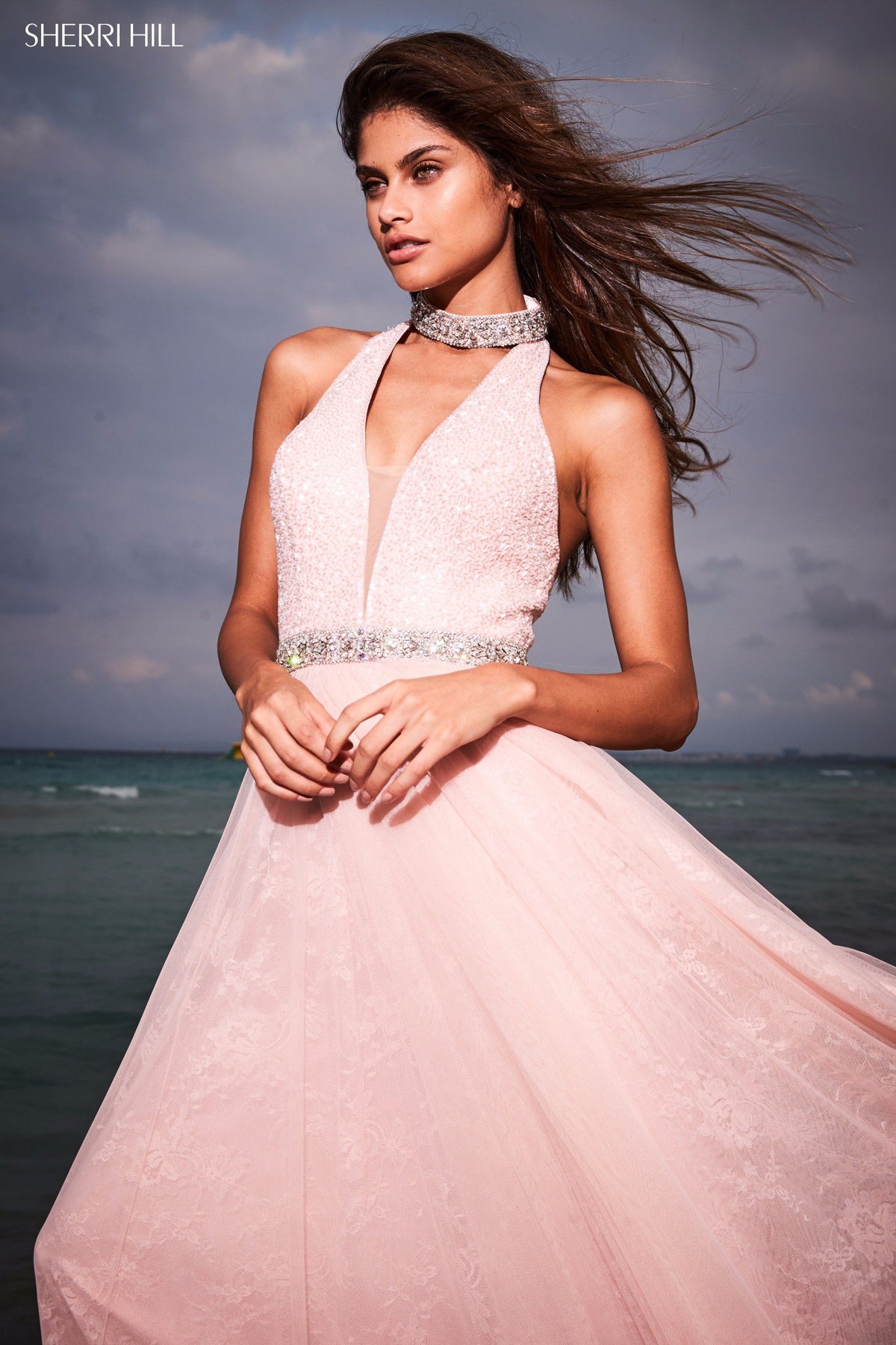 Sherri Hill 51637 deep v sequin bodice with chiffon skirt