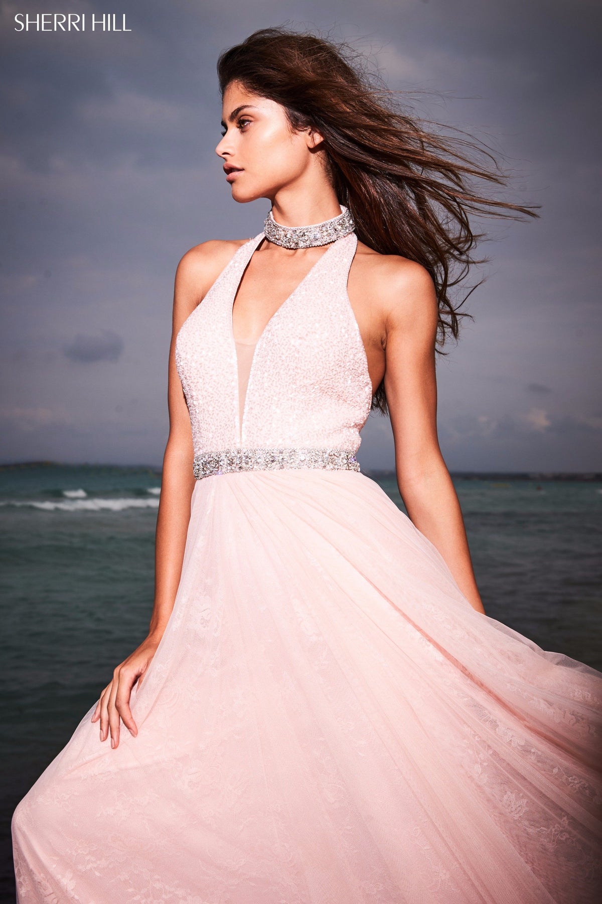 Sherri Hill 51637 deep v sequin bodice with chiffon skirt
