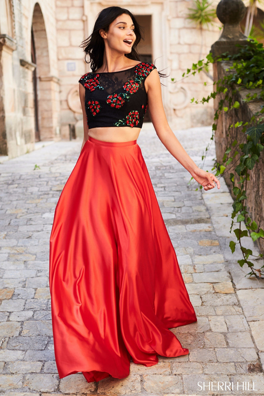 Sherri Hill style 51867 in black/red, Two Piece Charmeuse Skirt