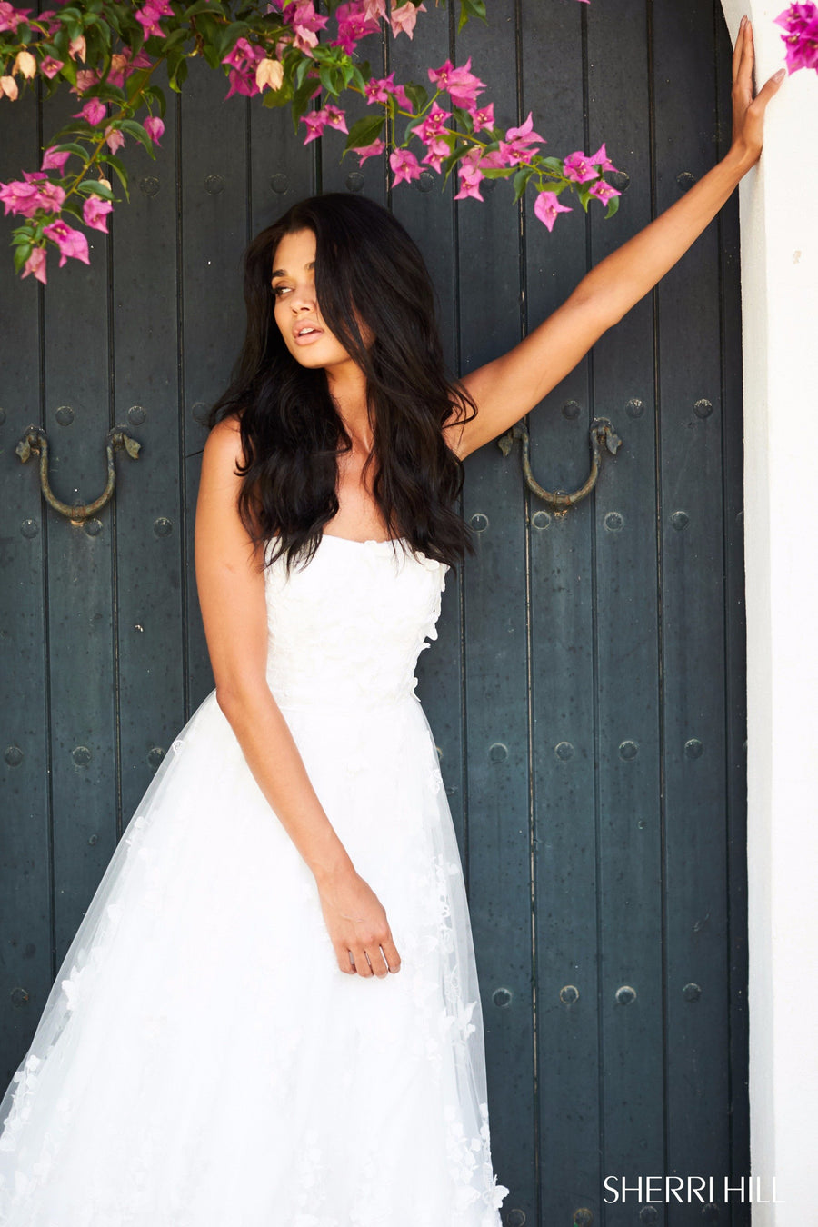 Sherri Hill style 51909 in ivory, Strapless Flower Appliqued Tulle Ball Gown