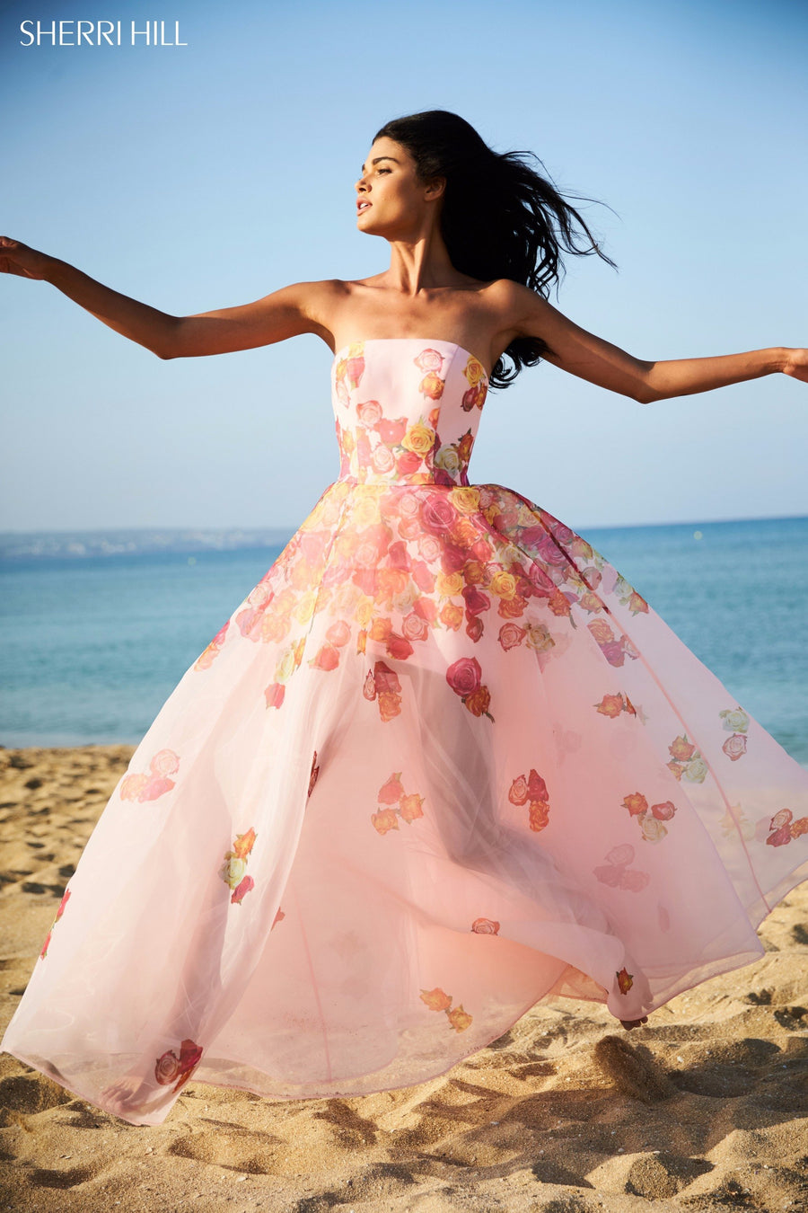 Sherri Hill style 51930 in pink print, Strapless Floral Print Organza Ball Gown