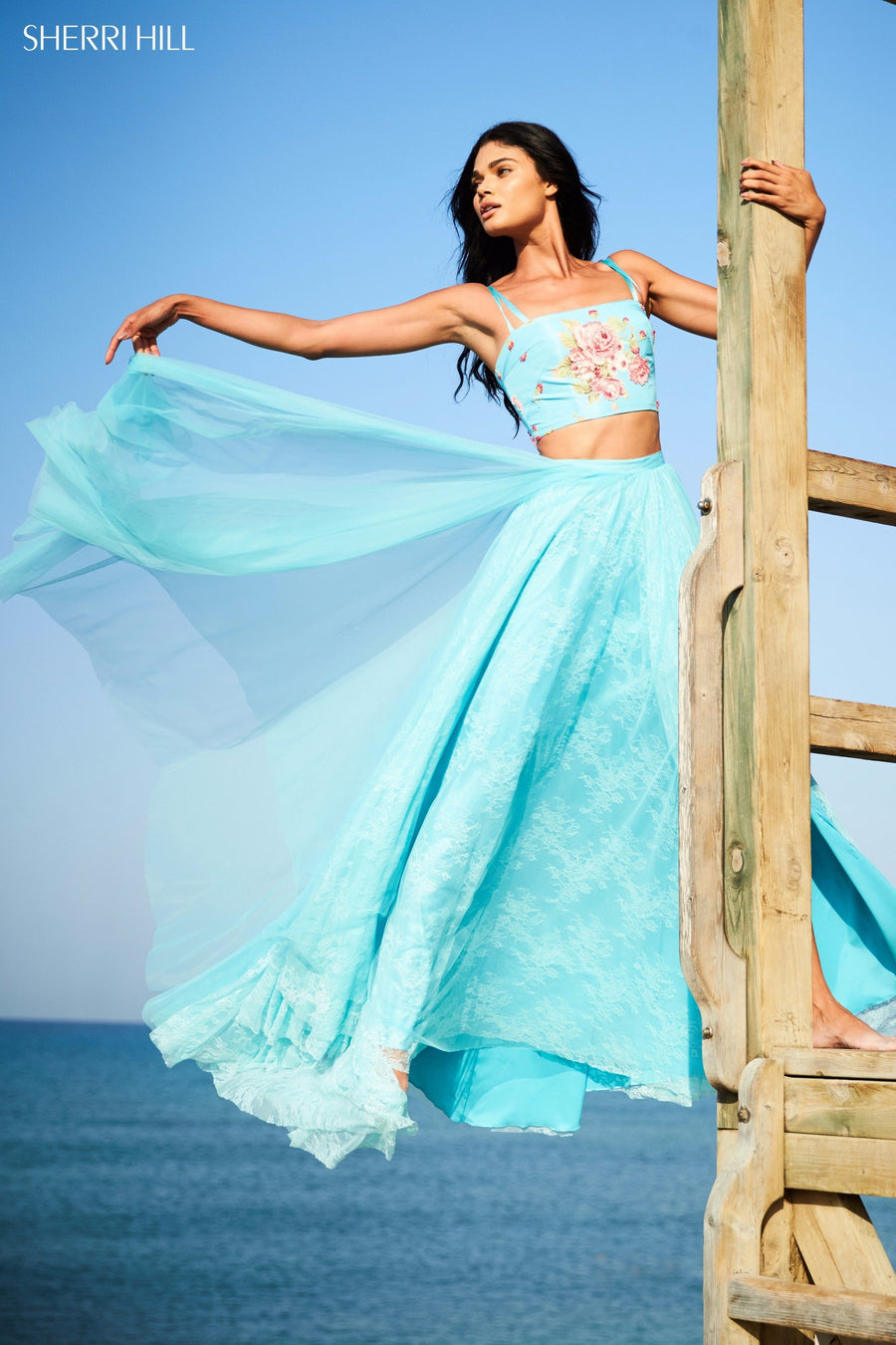 Sherri Hill style 51945 in aqua print, Two Piece Tulle Skirt with Lace Appliqued