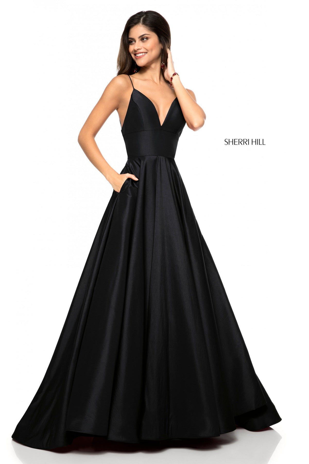 Sherri Hill 51822 taffeta A-line gown with V-neck bodice in black