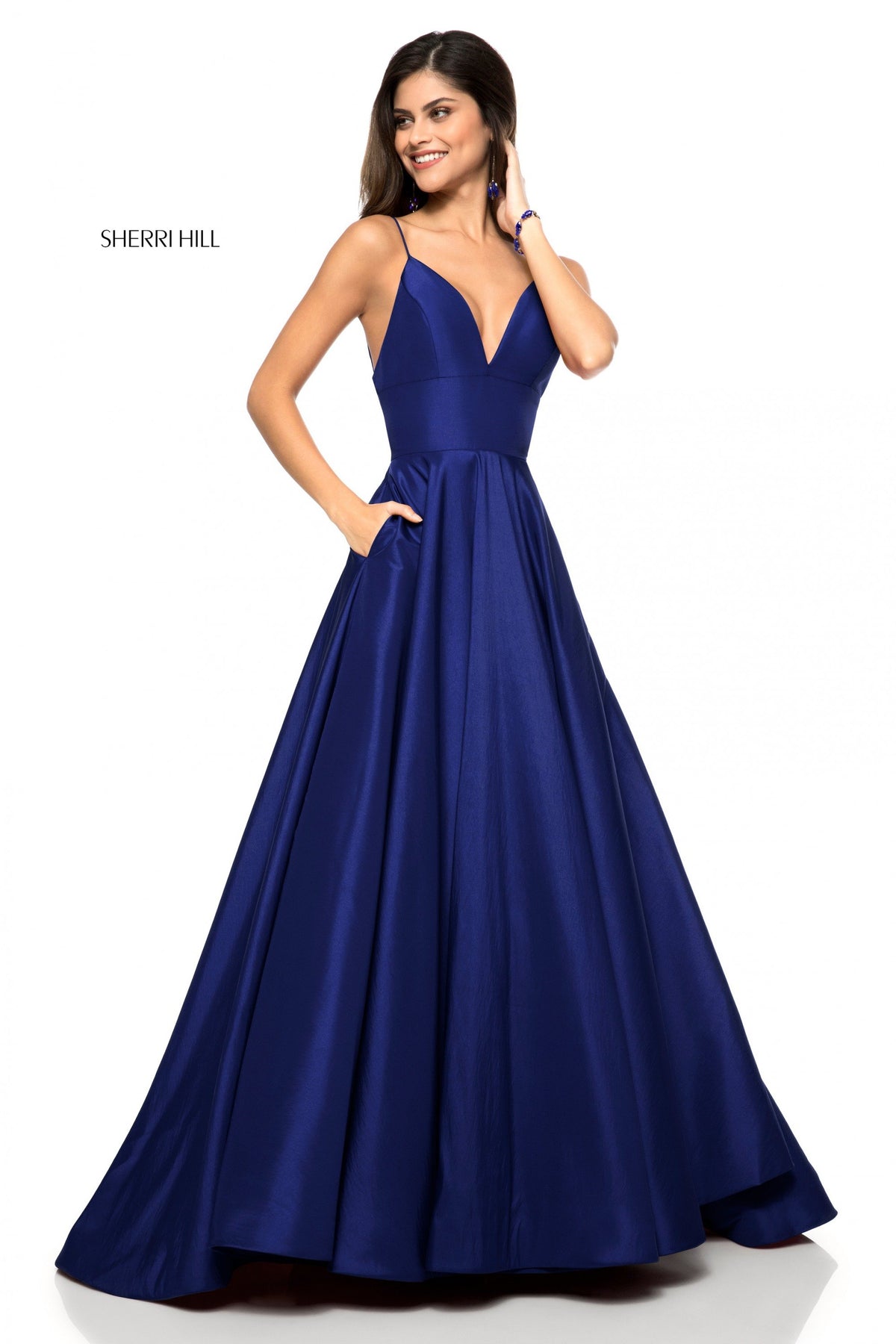 Sherri Hill 51822 taffeta A-line gown with V-neck bodice in navy