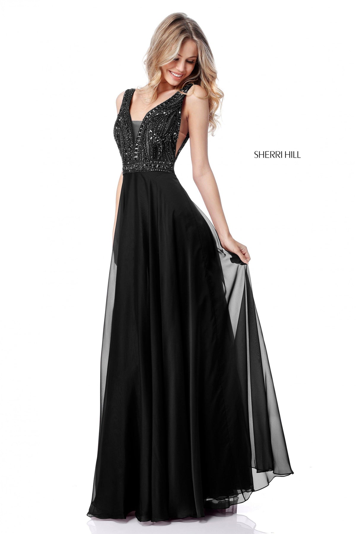 Sherri Hill 51874 beaded V-neck bodice with chiffon skirt in black