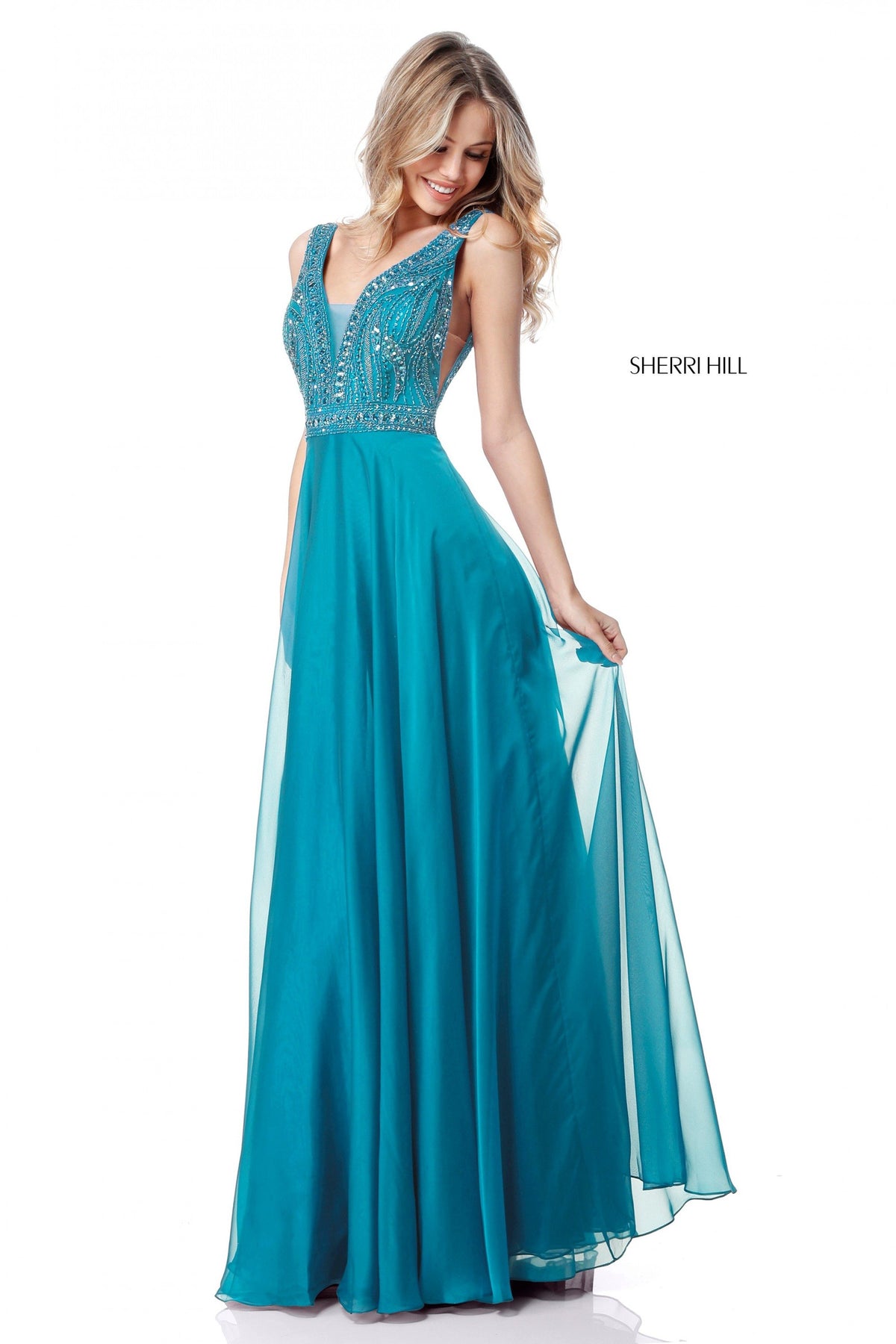 Sherri Hill 51874 beaded V-neck bodice with chiffon skirt in jade