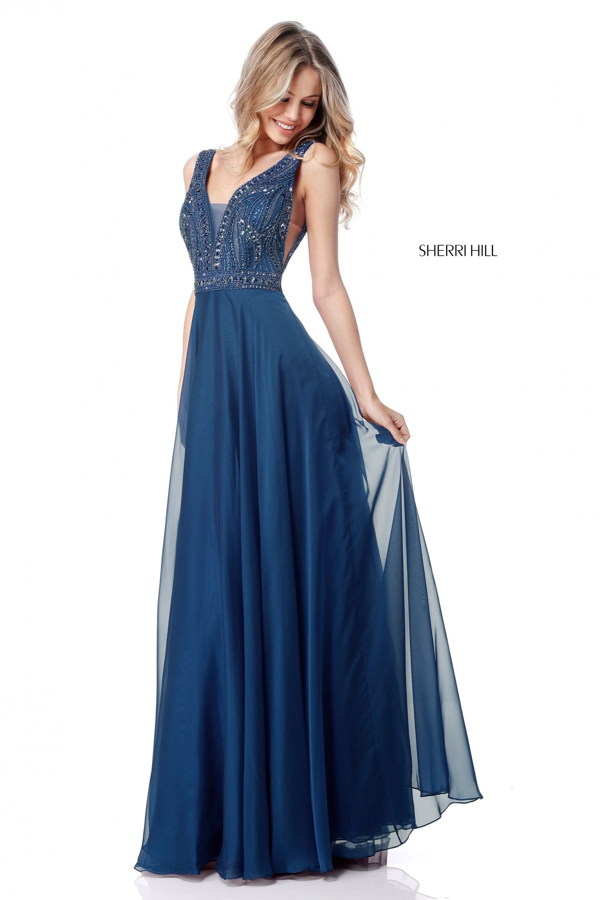 Sherri Hill 51874 beaded V-neck bodice with chiffon skirt in navy