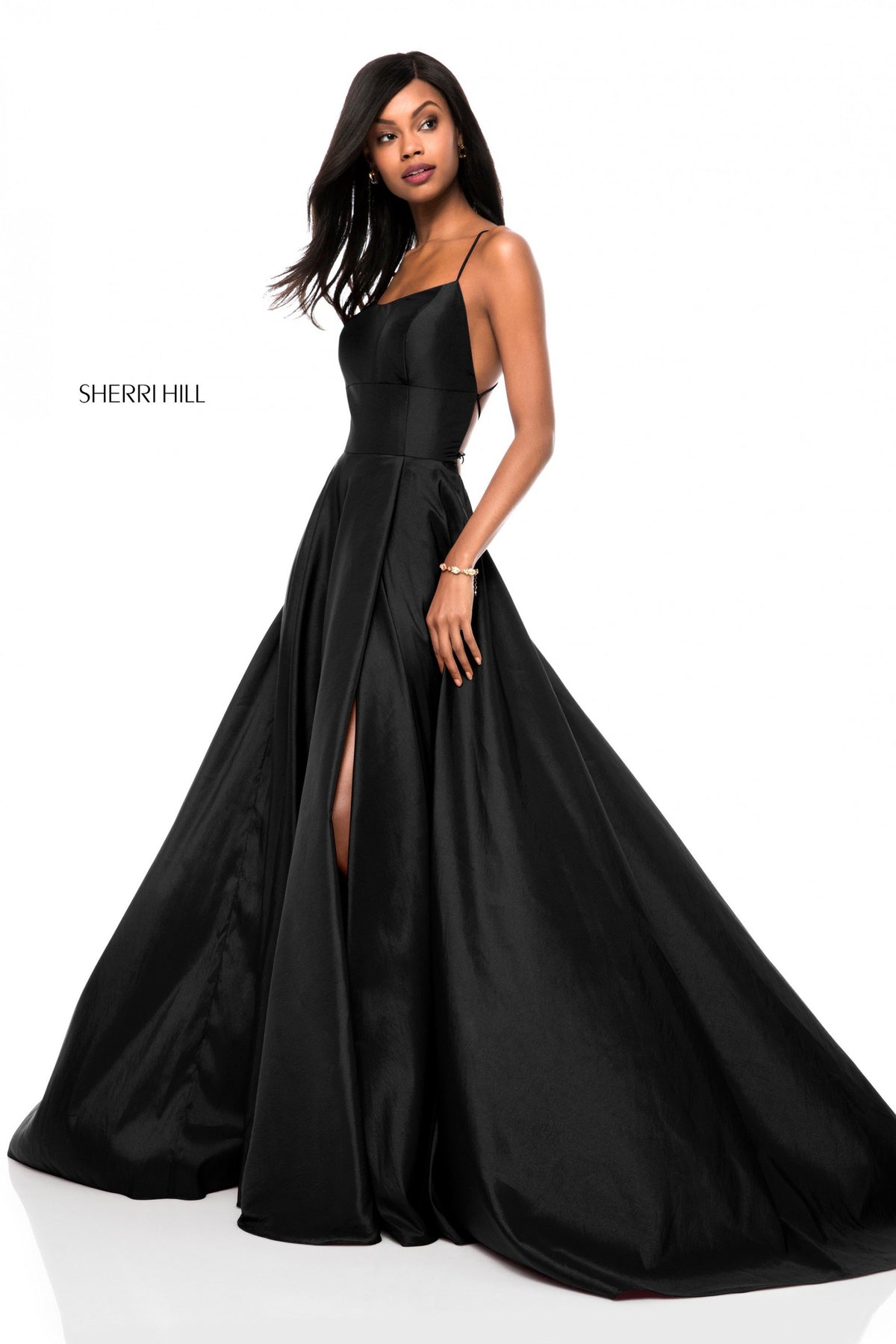 Sherri Hill 52022 taffeta lace-up back A-line skirt in black