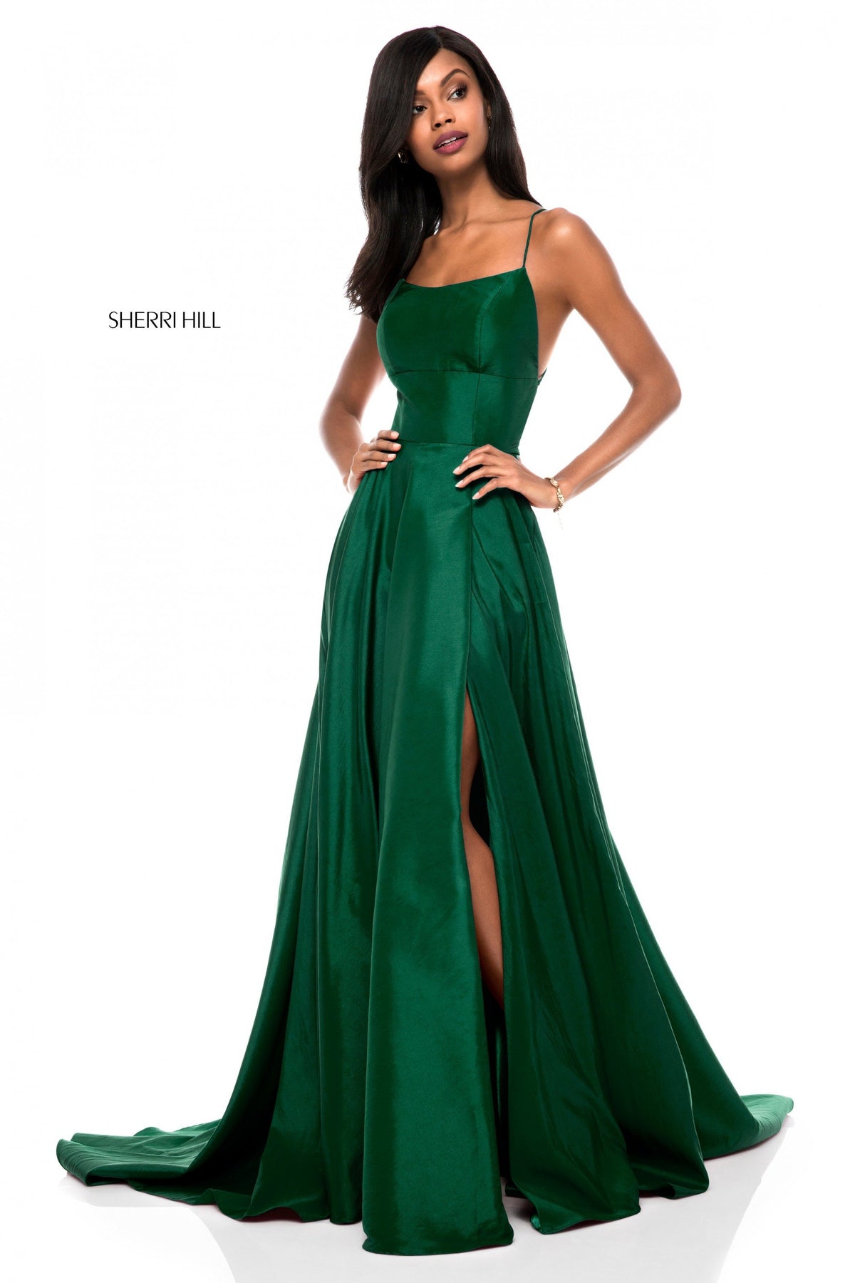 Sherri Hill 52022 taffeta lace-up back A-line skirt in emerald