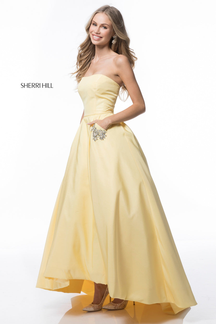 Sherri Hill style 51789 in black, Strapless Satin Tea Length Ball Gown
