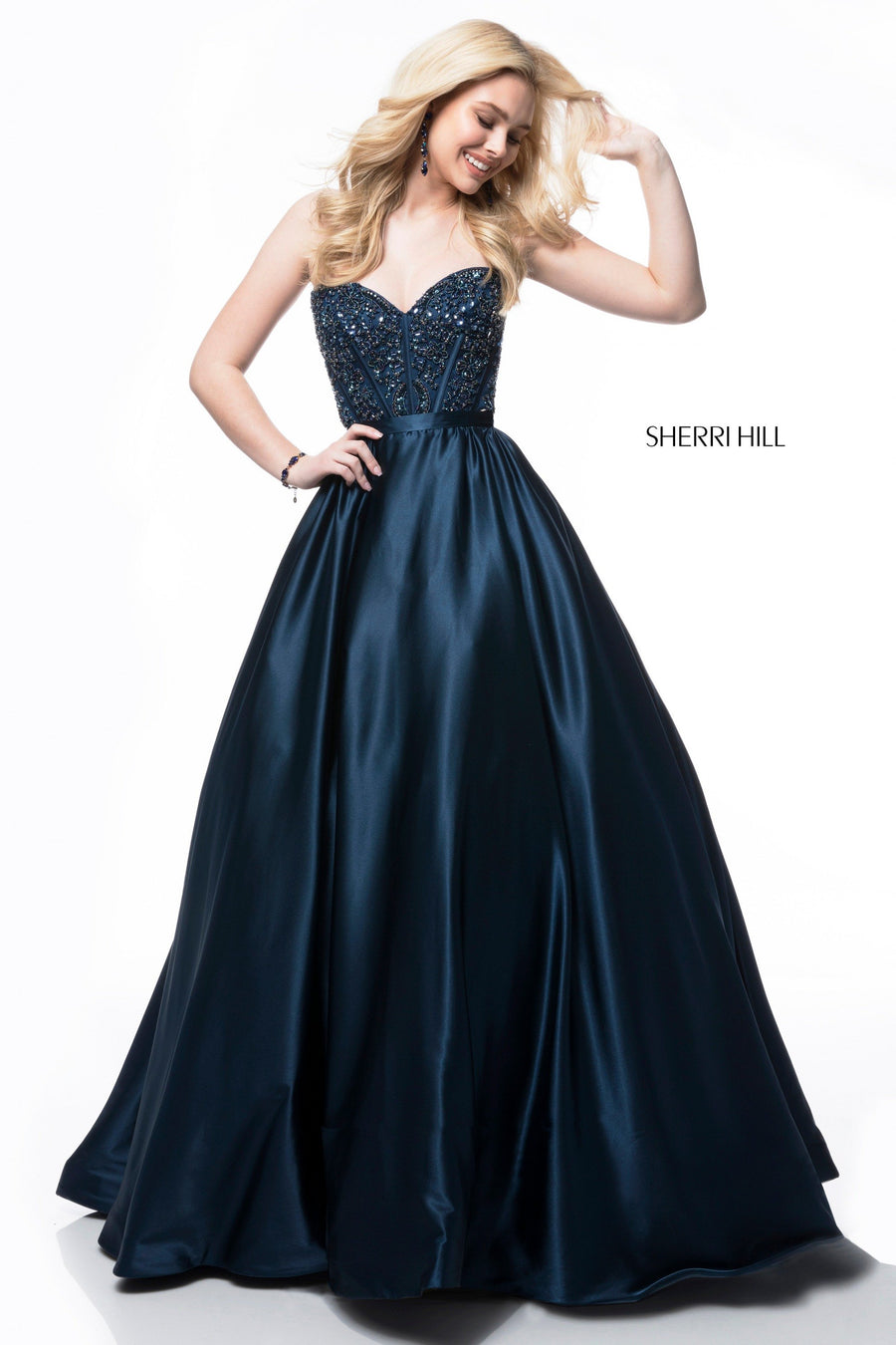 Sherri Hill style 51820 in black, Beaded Corset Bodice with Satin Ball Gown