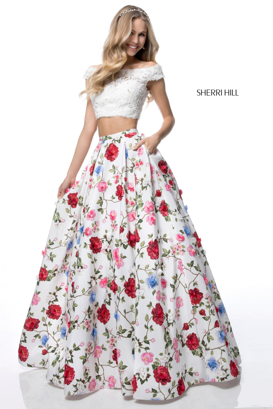 Sherri Hill style 51964 in ivory print, Two Piece Floral Print Ball Gown Skirt