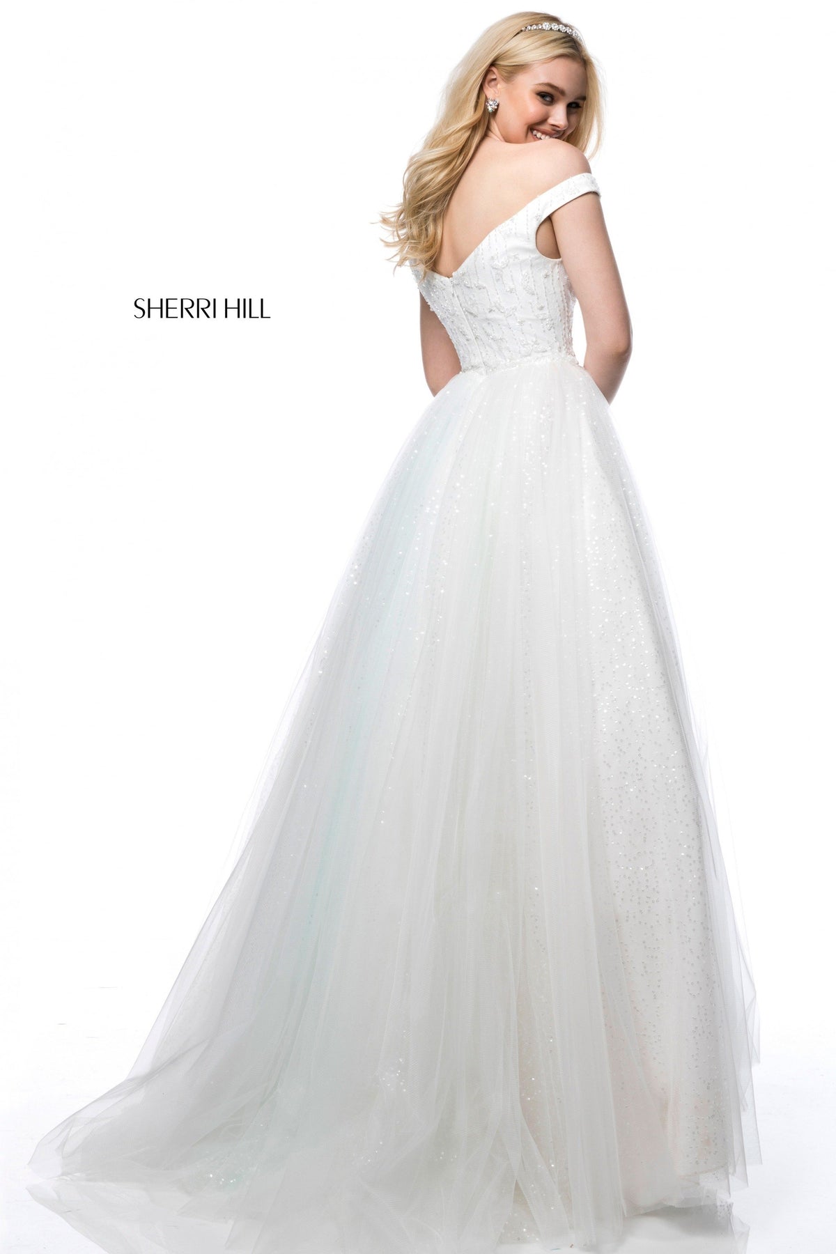 Sherri Hill 51990 appliqued bodice with tulle ball gown in ivory/multi