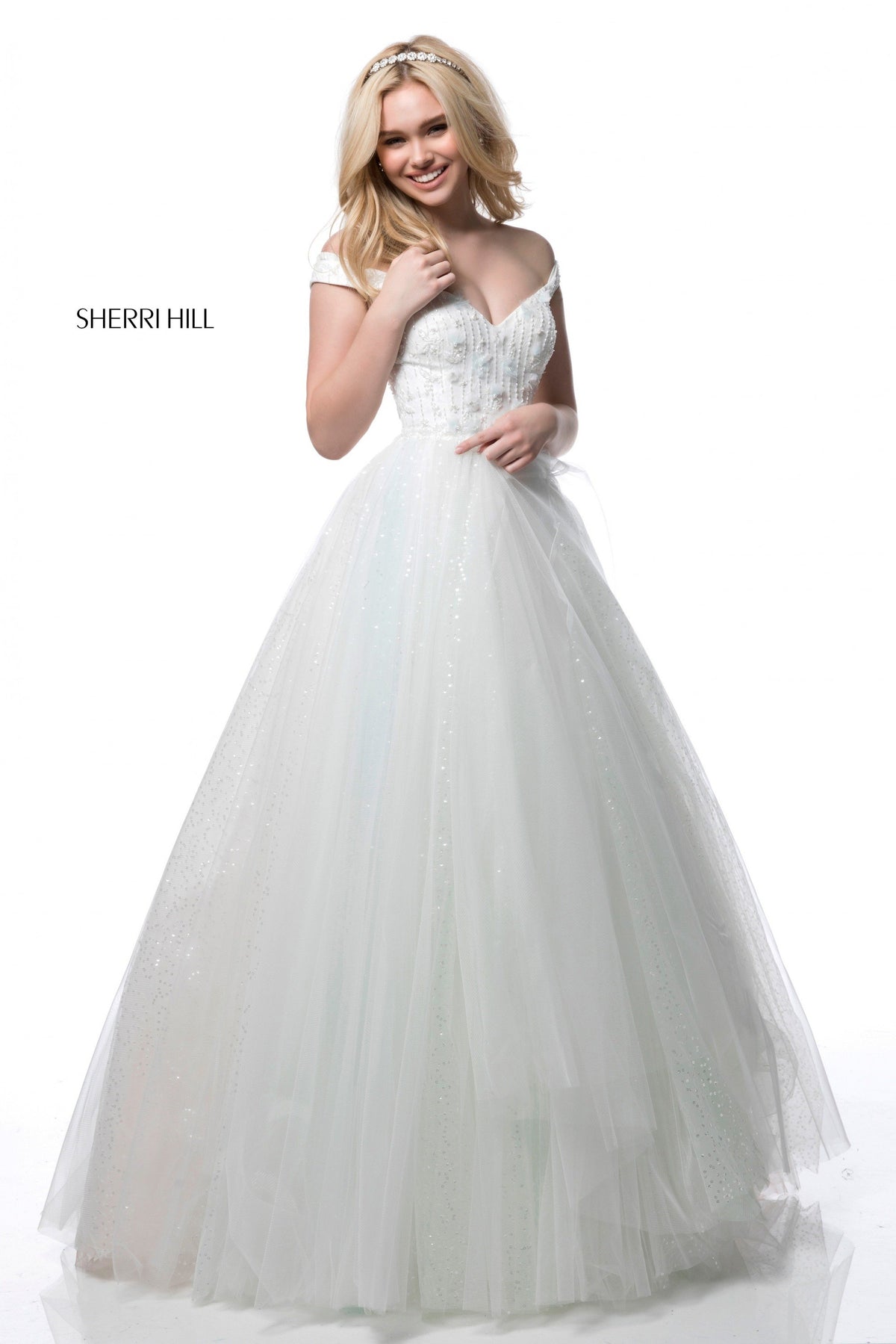 Sherri Hill 51990 appliqued bodice with tulle ball gown in ivory/multi