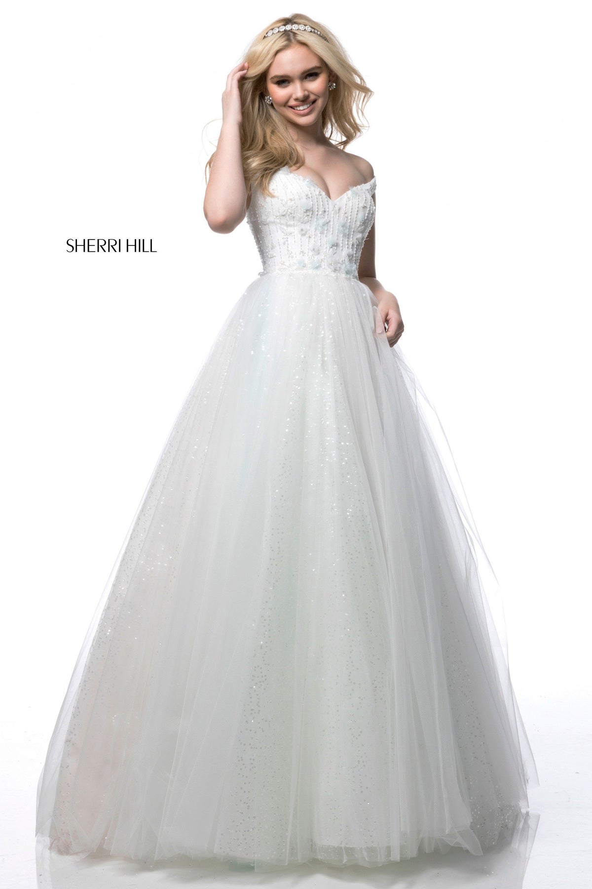 Sherri Hill 51990 appliqued bodice with tulle ball gown in ivory/multi