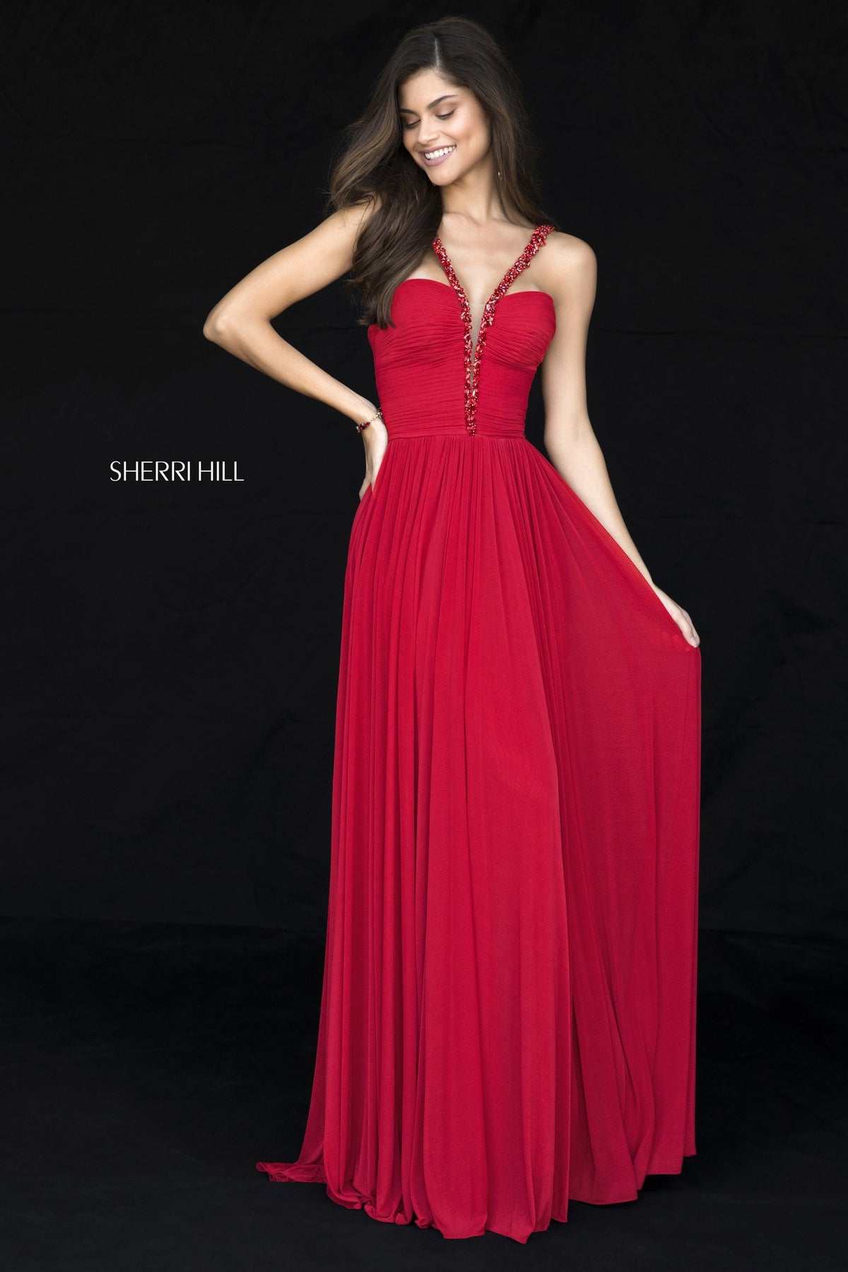 Sherri Hill 51933 chiffon gown with beaded V-neck straps in red
