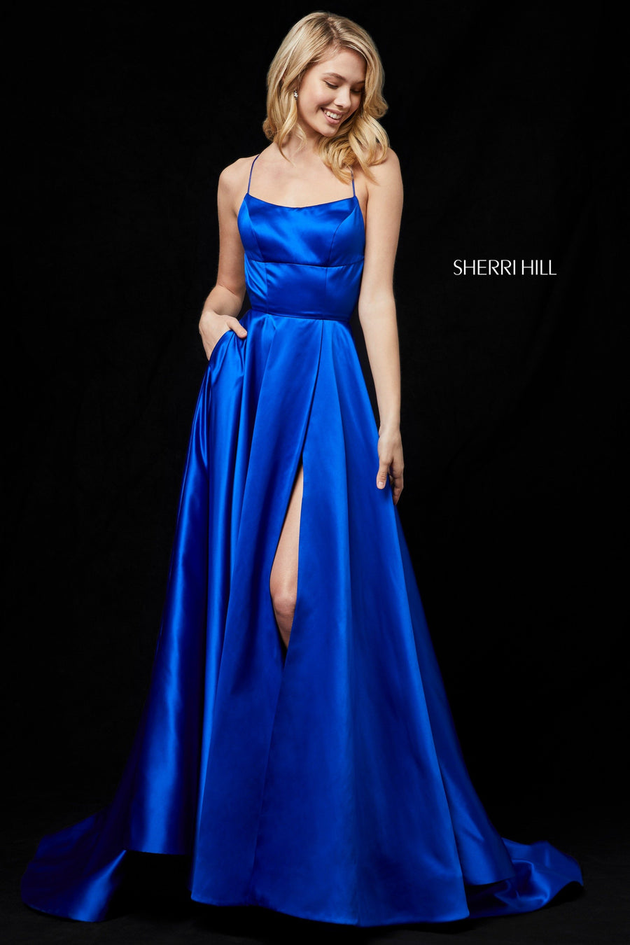 Sherri Hill style 52095 in black, Spaghetti Strap Charmeuse Gown