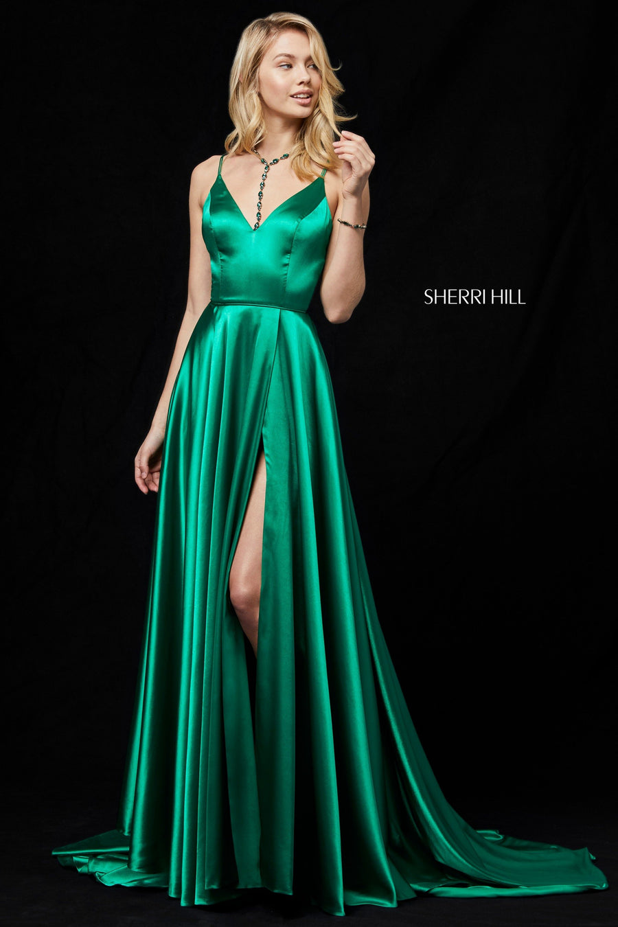 Sherri Hill style 52119 in red, Silk Charmeuse Gown with V-Neck Bodice