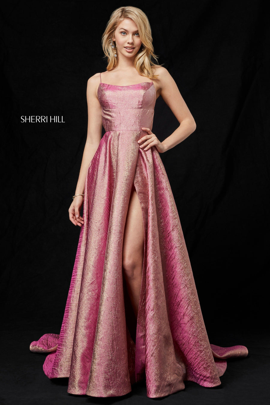 Sherri Hill style 52140 in rose/gold, Metallic Gown with Lace Up Back