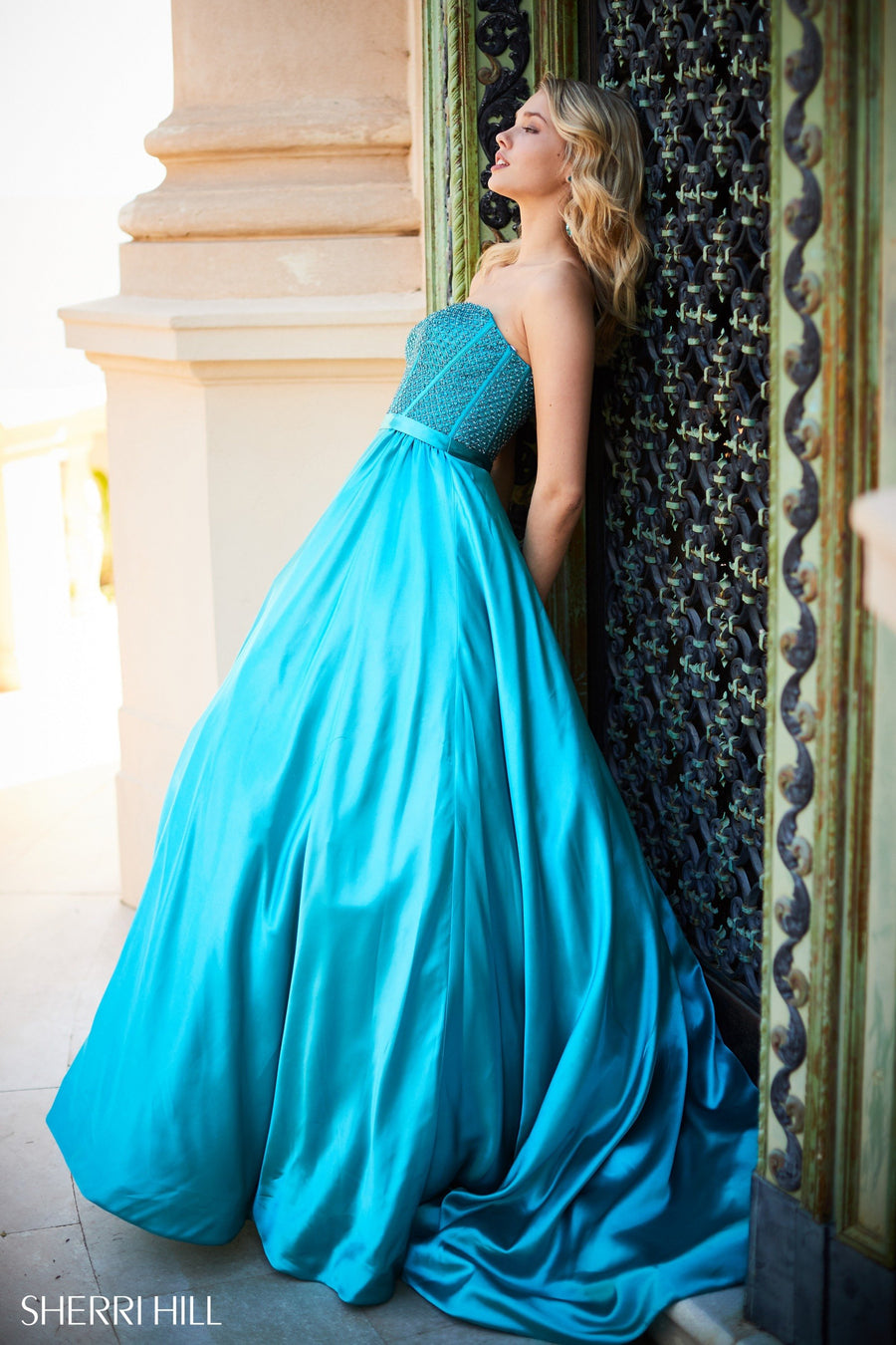 Sherri Hill style 52055 in red, Corset Bodice with Satin Ball Gown