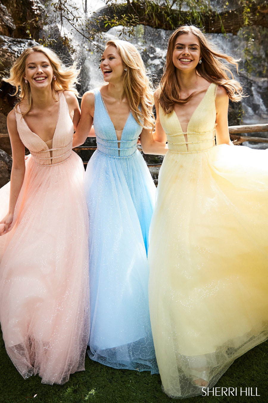 Sherri Hill style 51676 in ivory, Tulle Ball Gown with Deep V