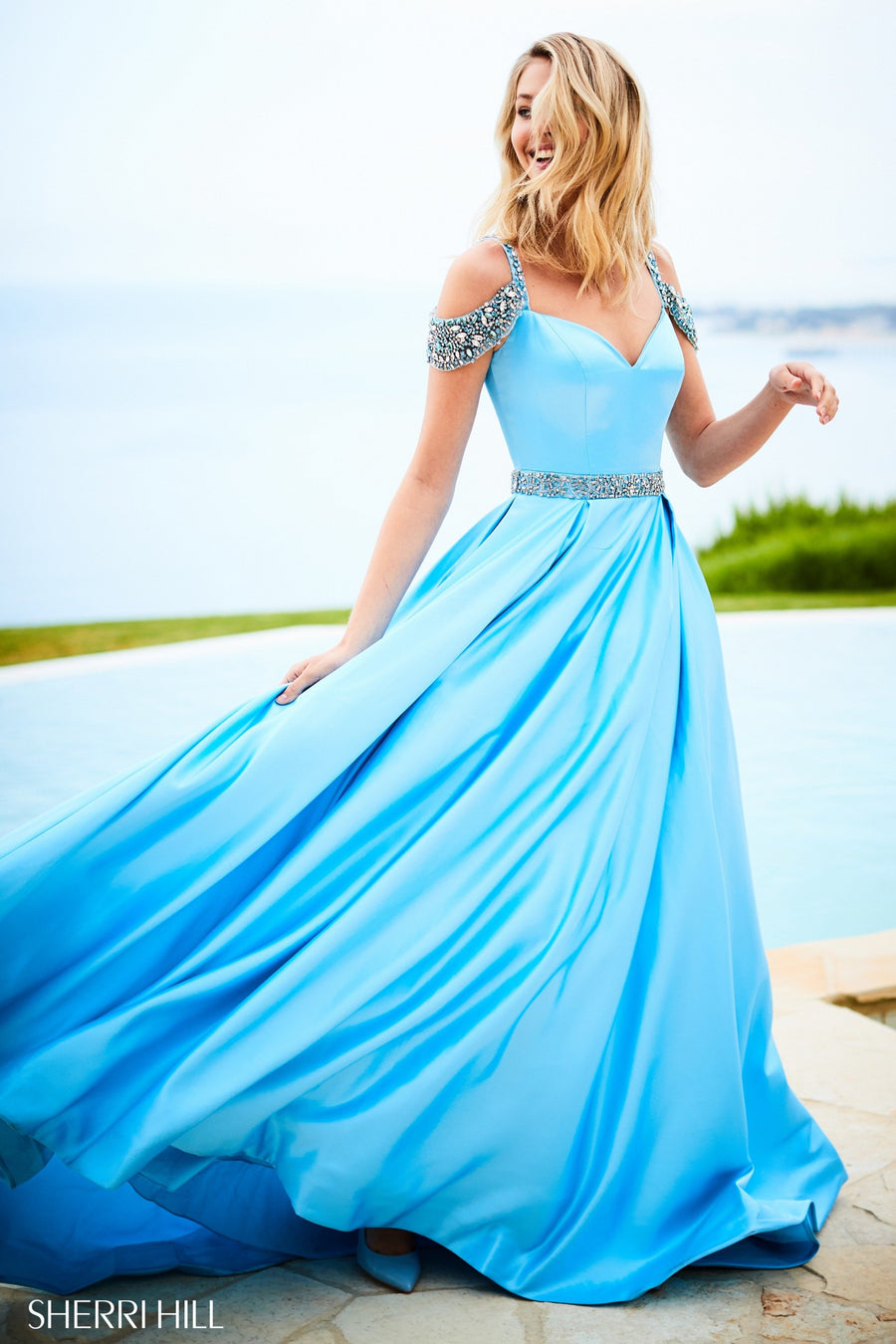 Sherri Hill style 51613 in turquoise, Satin Ball Gown with Sweetheart Bodice