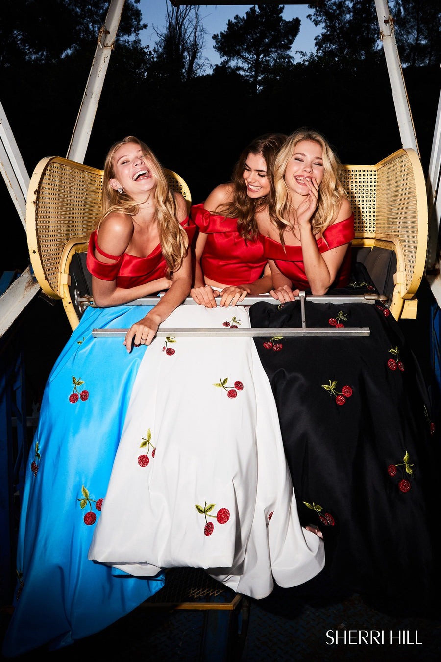 Sherri Hill style 52030 in red/black, Two Piece Beaded Cherry Print Ball Gown