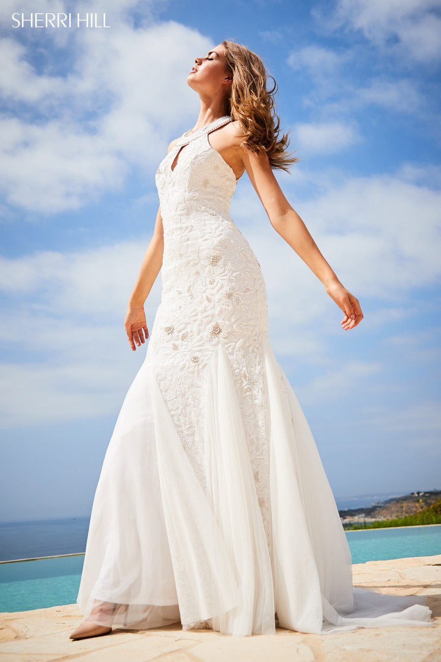 Sherri Hill style 51787 in light blue, Fitted Beaded Gown with Keyhole Bodice
