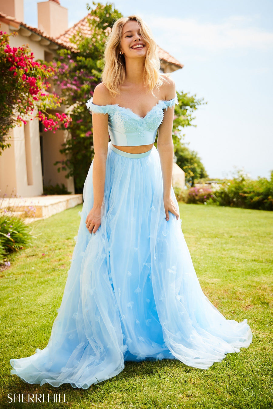 Sherri Hill style 52046 in light blue, A-Line Two Piece Tulle Skirt