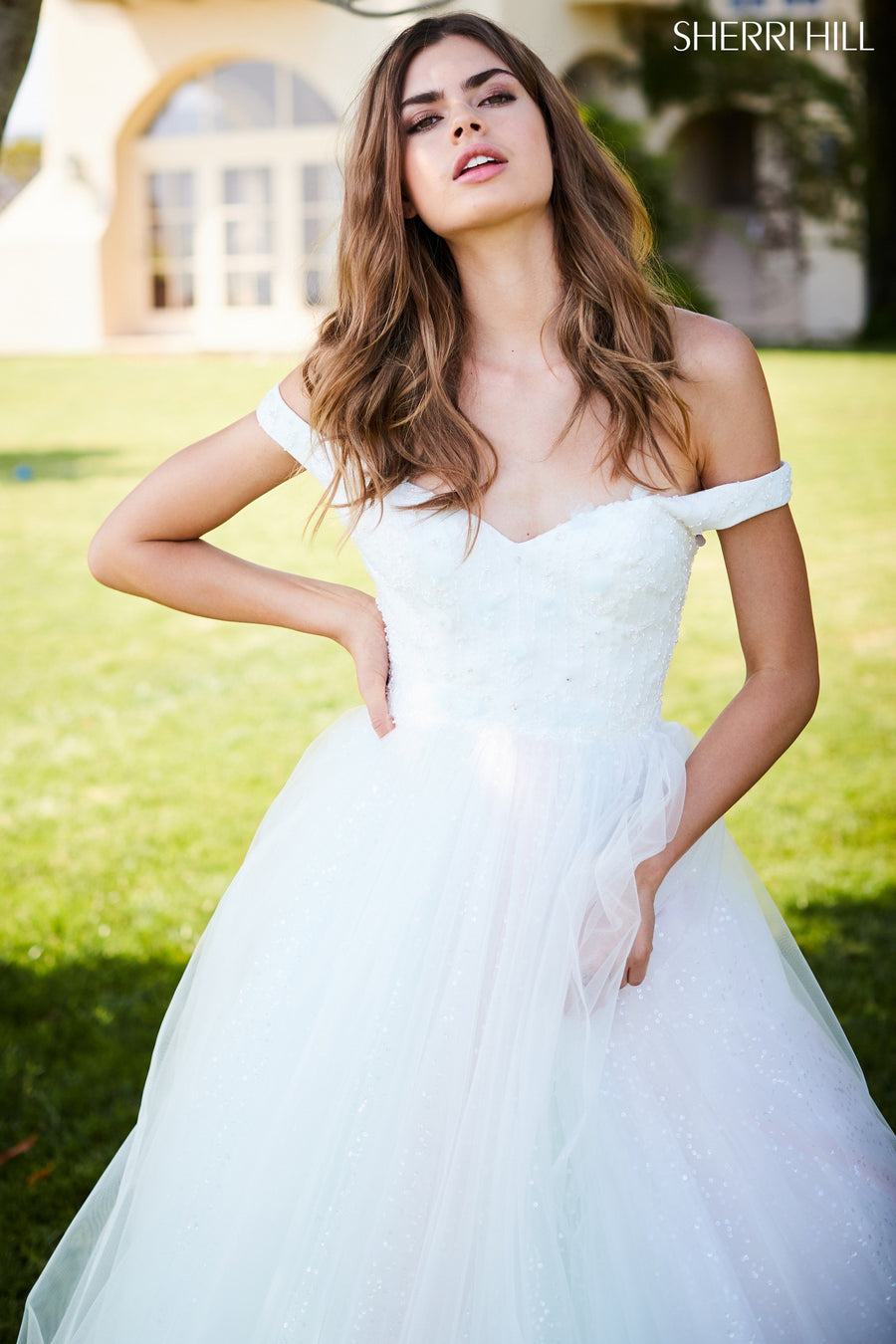 Sherri Hill style 51990 in ivory/multi, Appliqued Bodice with Tulle Ball Gown