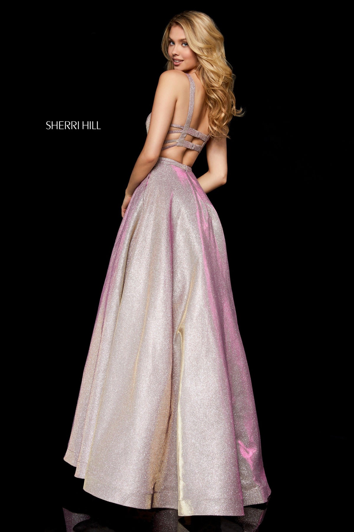 Sherri Hill 52138 glitter A-line gown with cut out back in rose gold