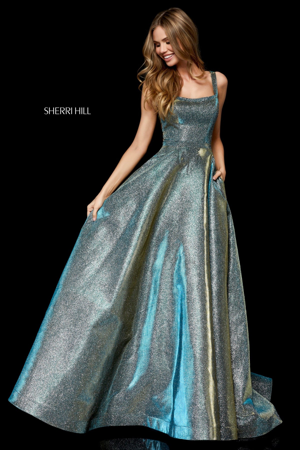 Sherri Hill 52138 glitter A-line gown with cut out back