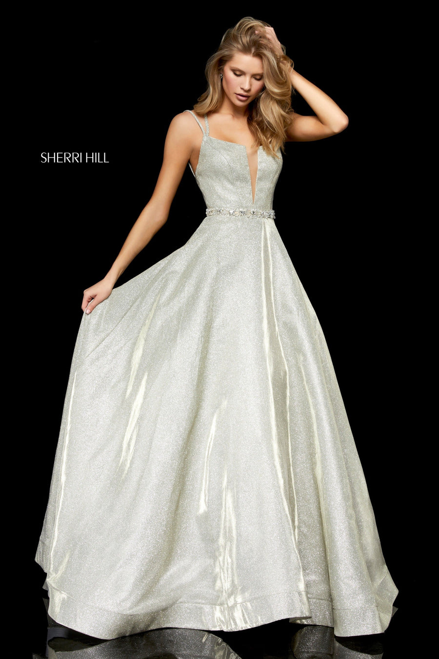 Sherri Hill style 52124 in gold, Glitter A-Line Gown with Beaded Belt