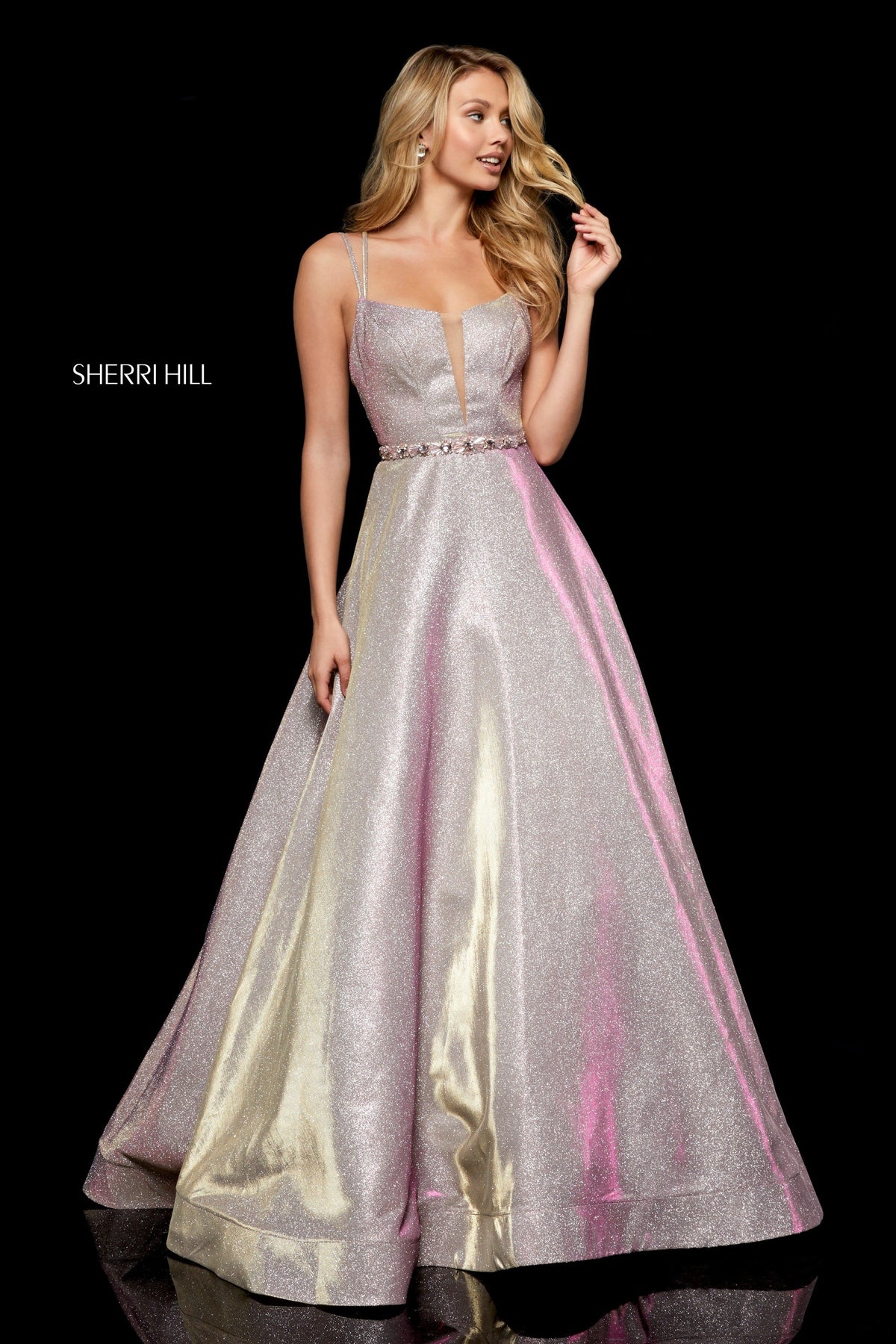 Sherri Hill 52124 glitter A-line gown with beaded belt