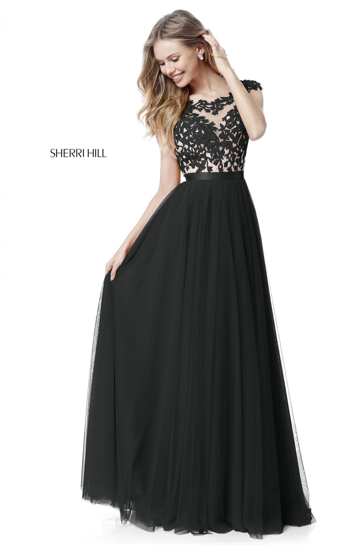 Sherri Hill 51638 lace appliqued bodice with chiffon skirt in black