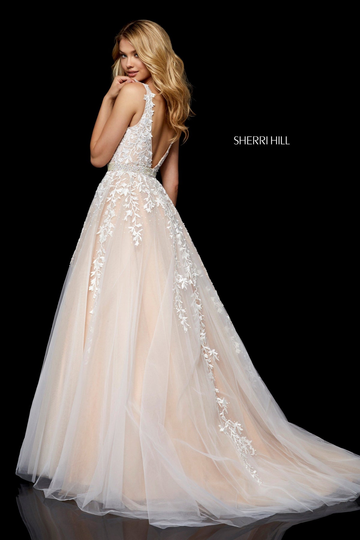Sherri Hill 11335 lace bodice tulle ball gown in ivory with nude