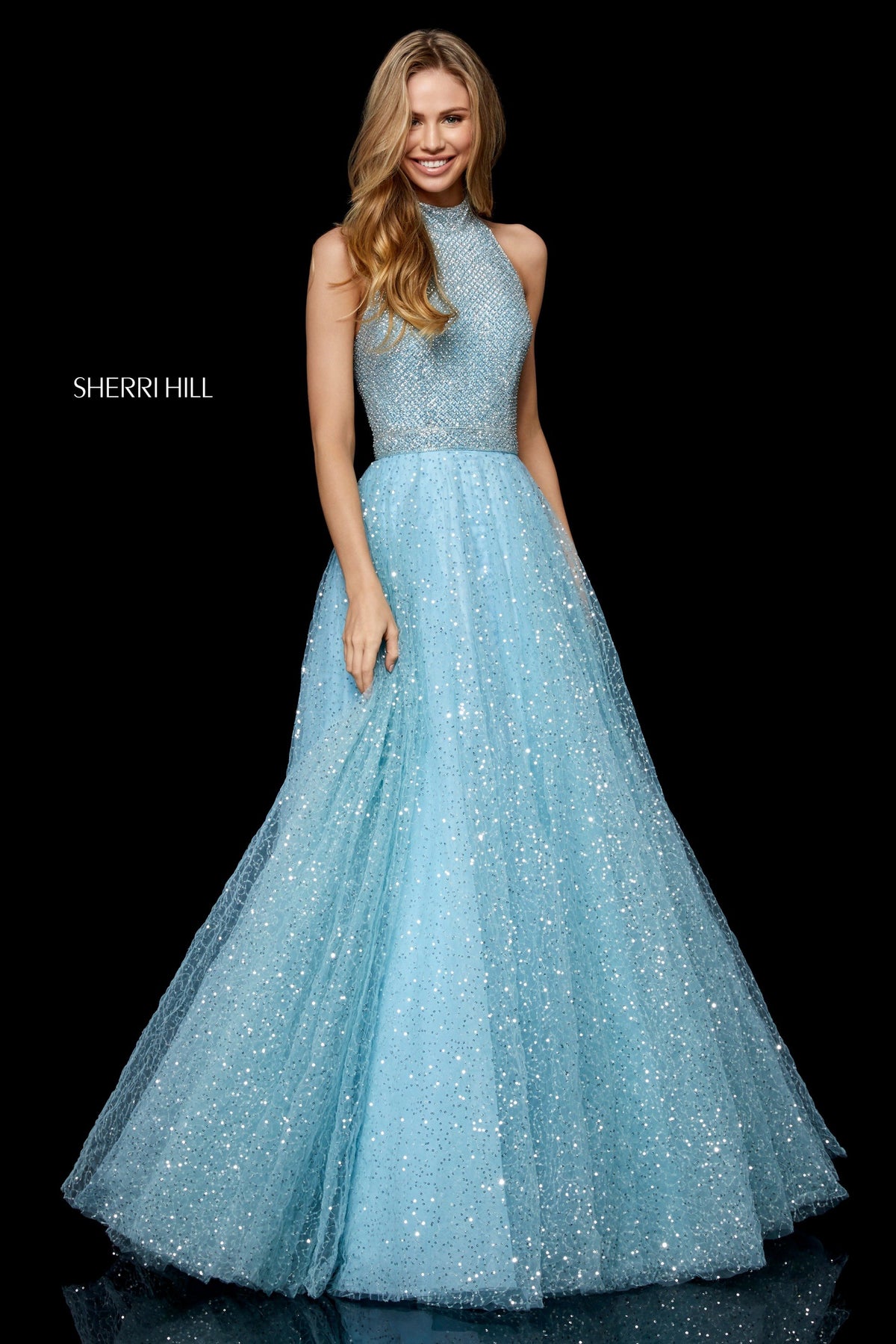 Sherri Hill 52266 neck bodice with sequin tulle ball gown