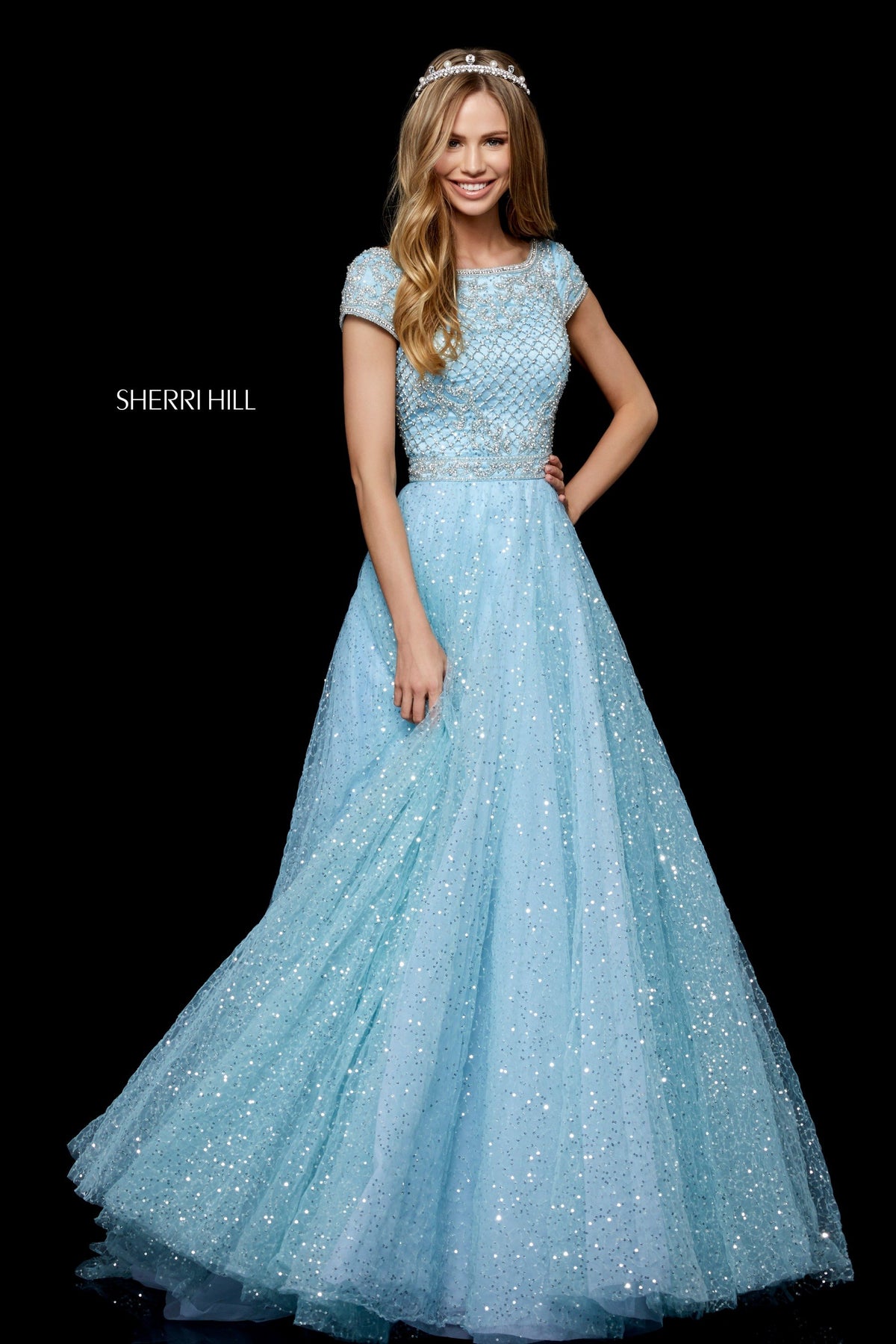 Sherri Hill 52276 sequin tulle ball gown in light blue/silver