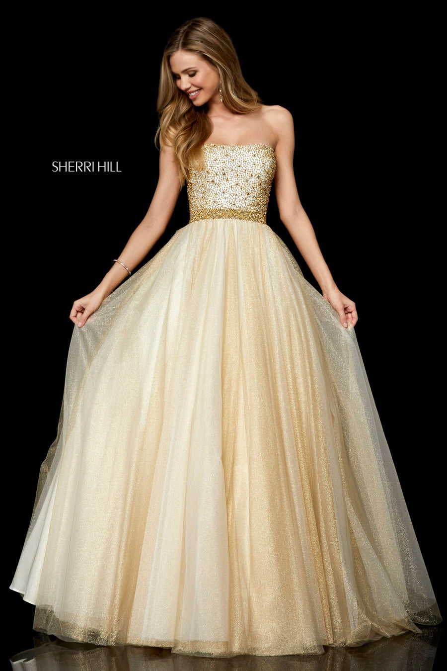 Sherri Hill style 52264 in ivory/gold, Metallic Tulle Ball Gown