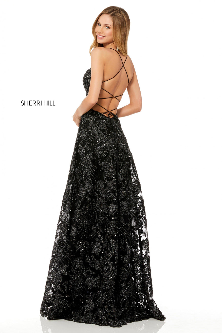Sherri Hill style 52240 in black, Metallic Lace A-Line Gown