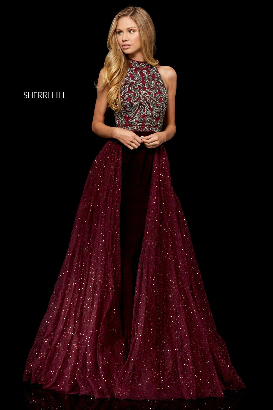 Sherri Hill style 52275 in black, High Neck Bodice with Fitted Velvet Skirt