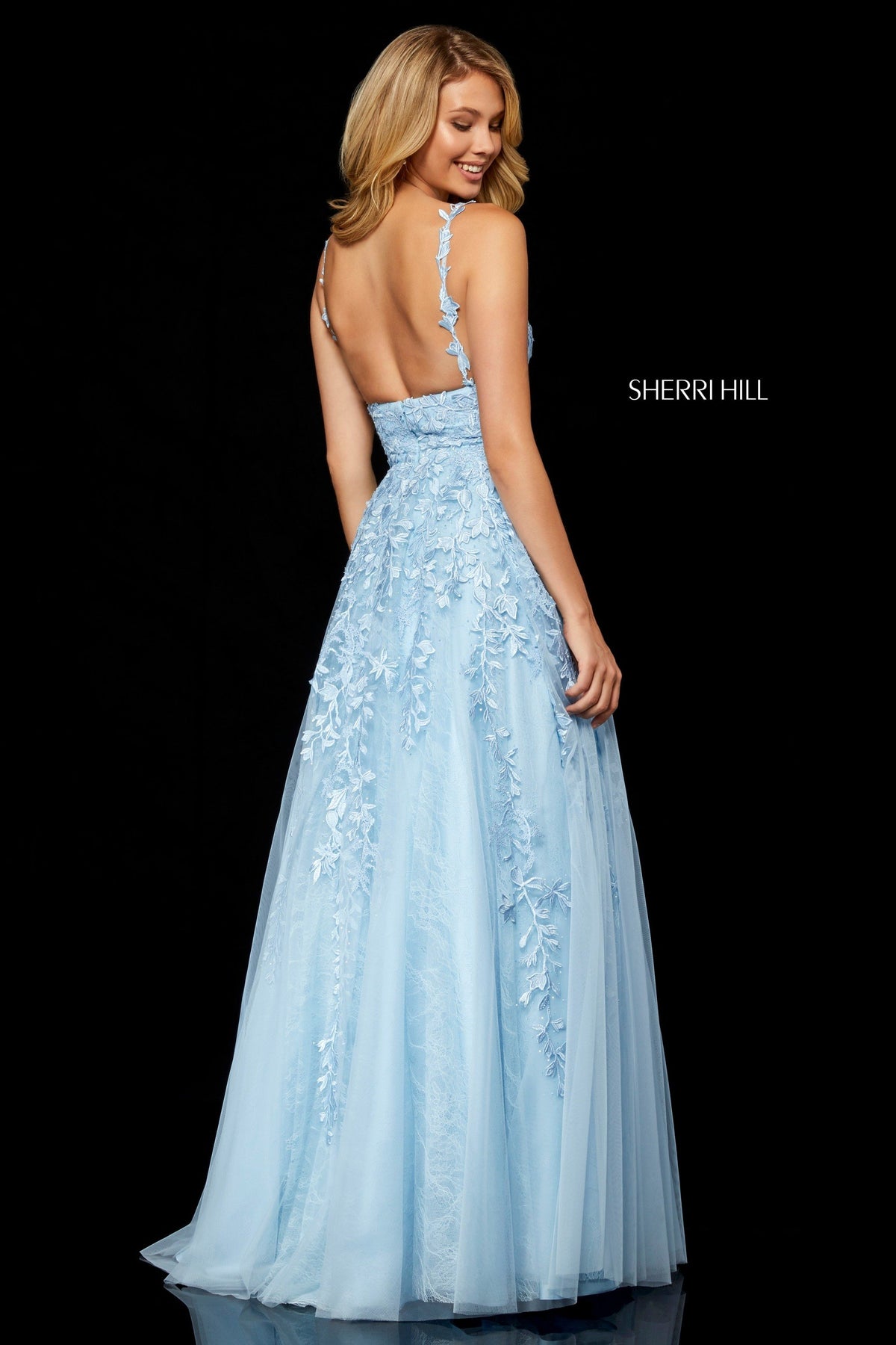 Sherri Hill 52342 leaf lace appliqued A-line gown