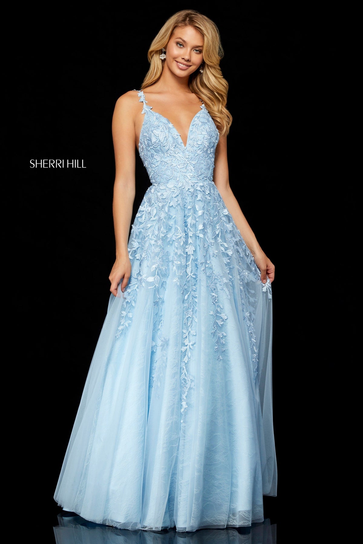 Sherri Hill 52342 leaf lace appliqued A-line gown