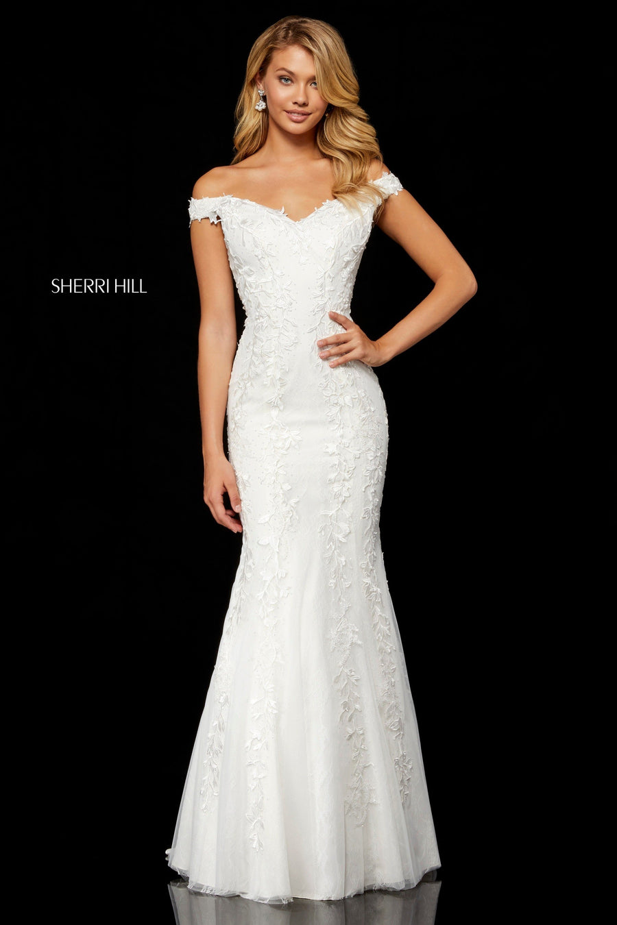 Sherri Hill style 52344 in navy, Lace Appliqued Mermaid Gown