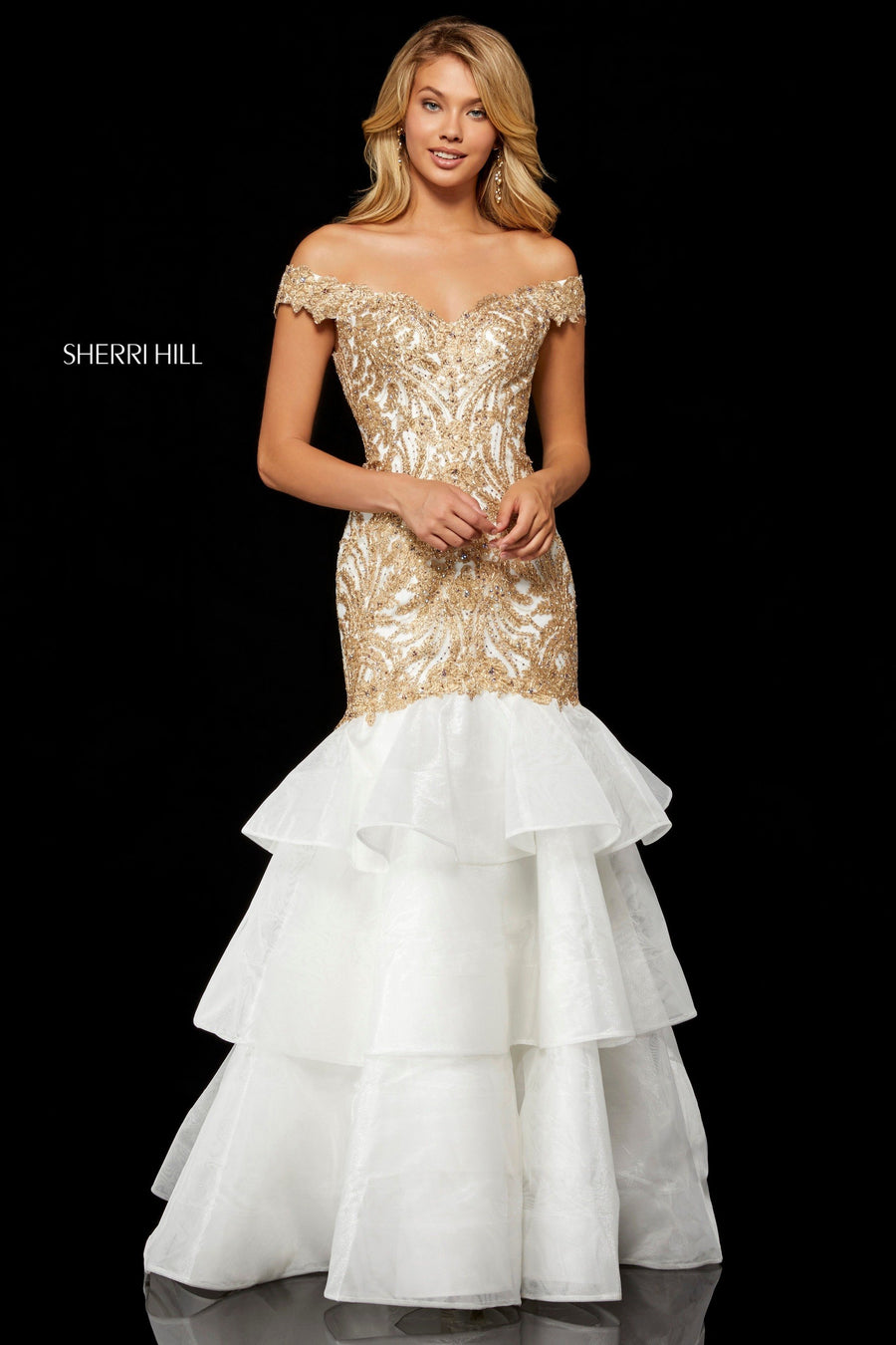 Sherri Hill style 52347 in ivory, Metallic Lace Mermaid Layered Tulle Skirt