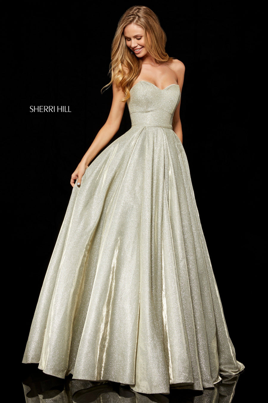 Sherri Hill style 52391 in gunmetal, Glitter Strapless Ball Gown