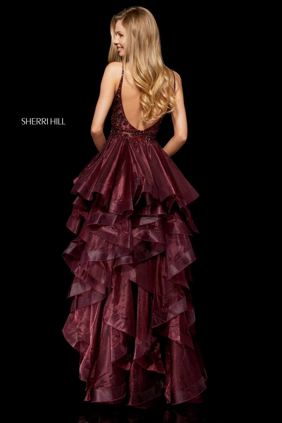 Sherri Hill 52395 bodice with ruffled high-low organza skirt