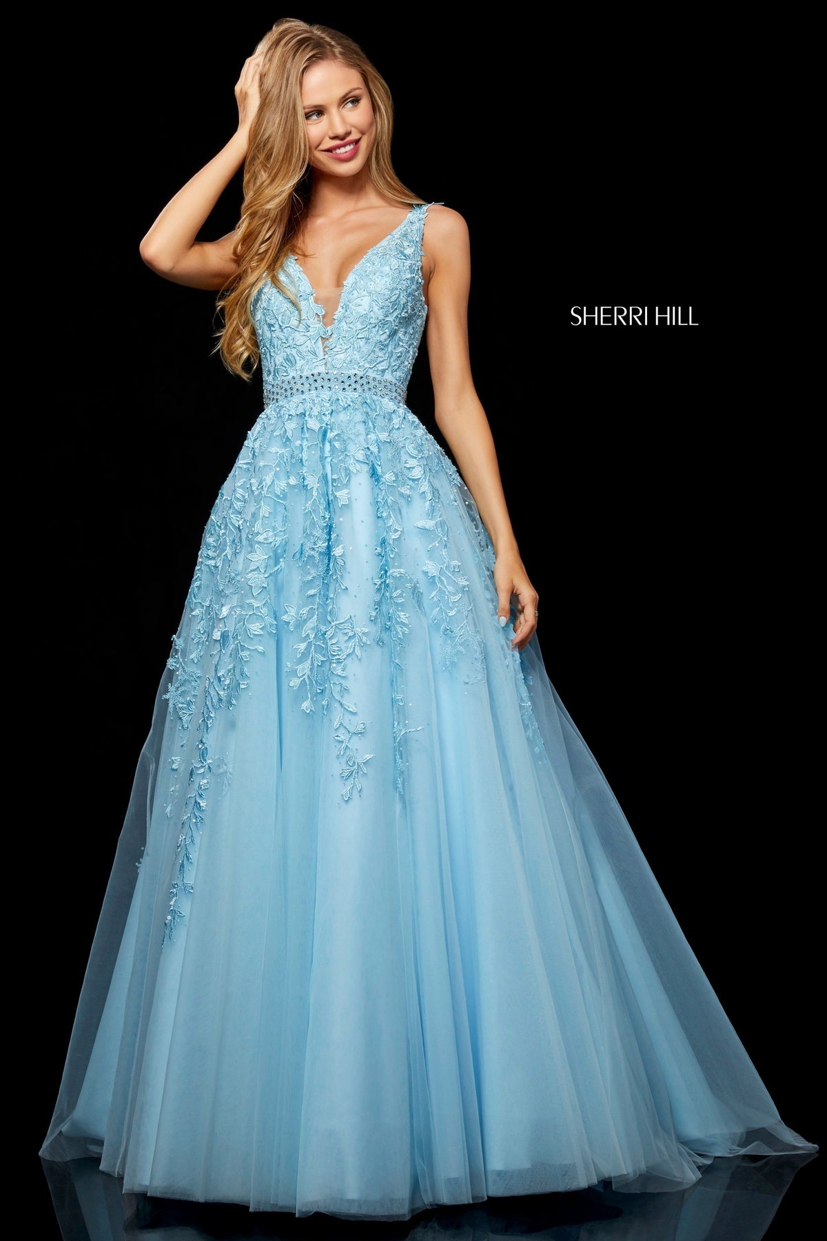 Sherri Hill 11335 lace bodice tulle ball gown in light blue