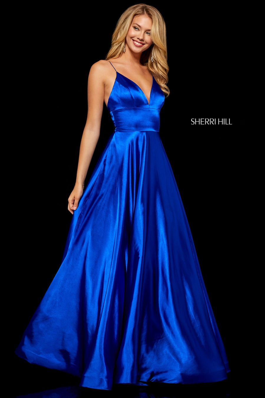 Sherri Hill style 52195 in red, Silk Charmeuse Gown with V-Neck Bodice