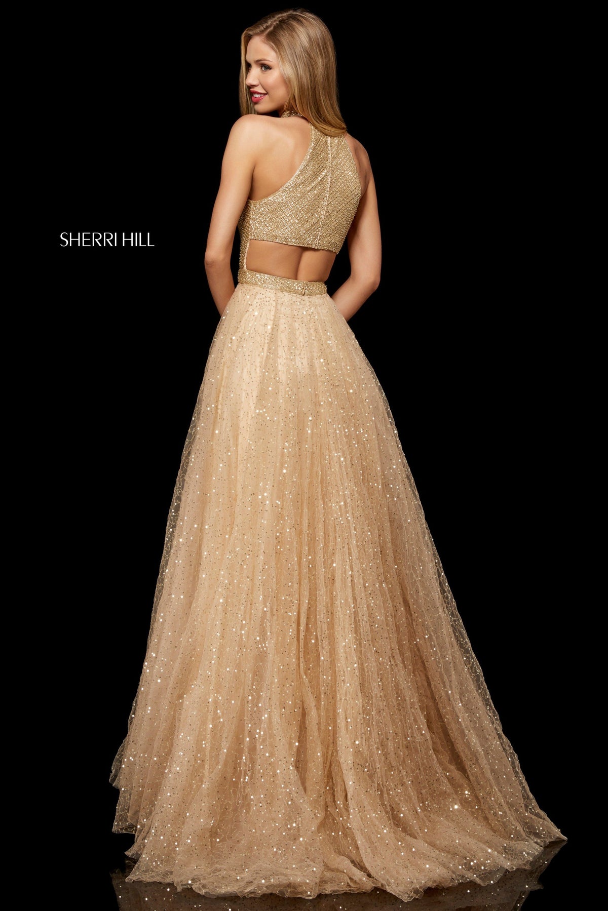 Sherri Hill 52266 neck bodice with sequin tulle ball gown